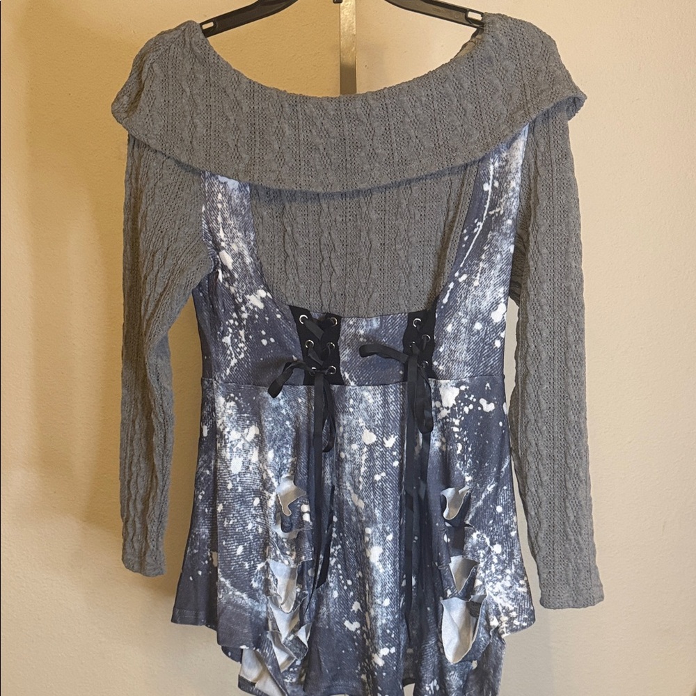 Rosegal Gray and Black Textured Lace-Up Blouse‎